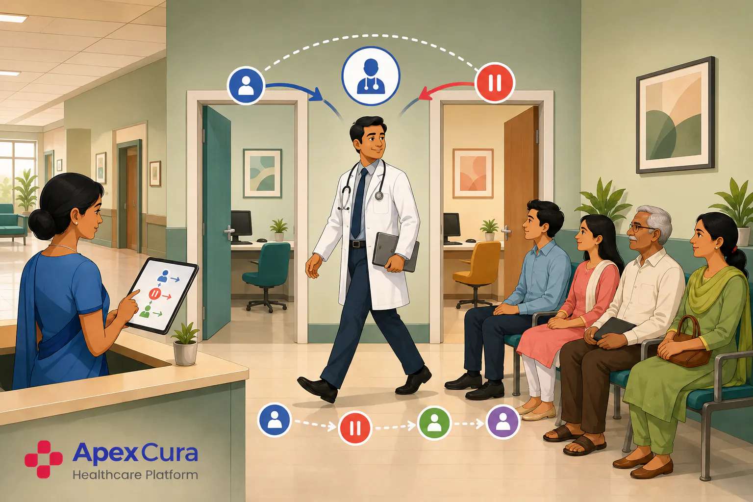 Doctor queue management system coordinating consultation rooms, waiting patients and OPD staff during changing hospital conditions
