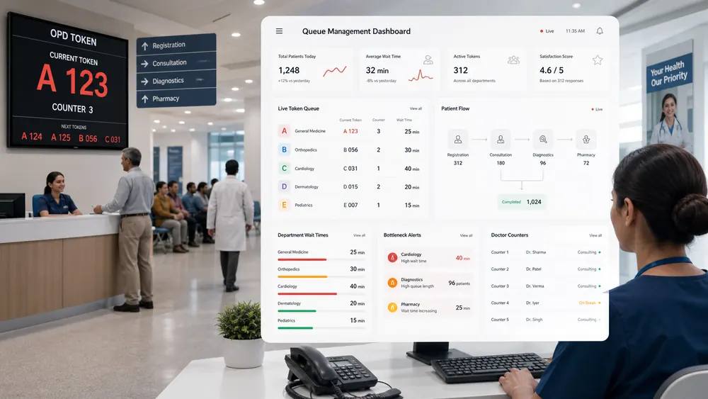 OPD queue management dashboard with live hospital token queue