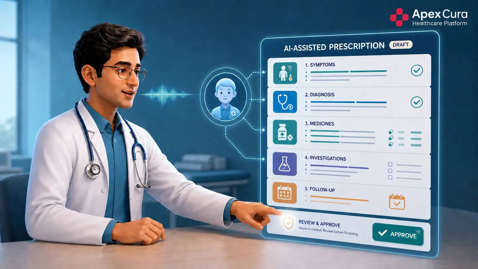 Hospital doctor reviewing an AI-assisted structured OPD prescription draft