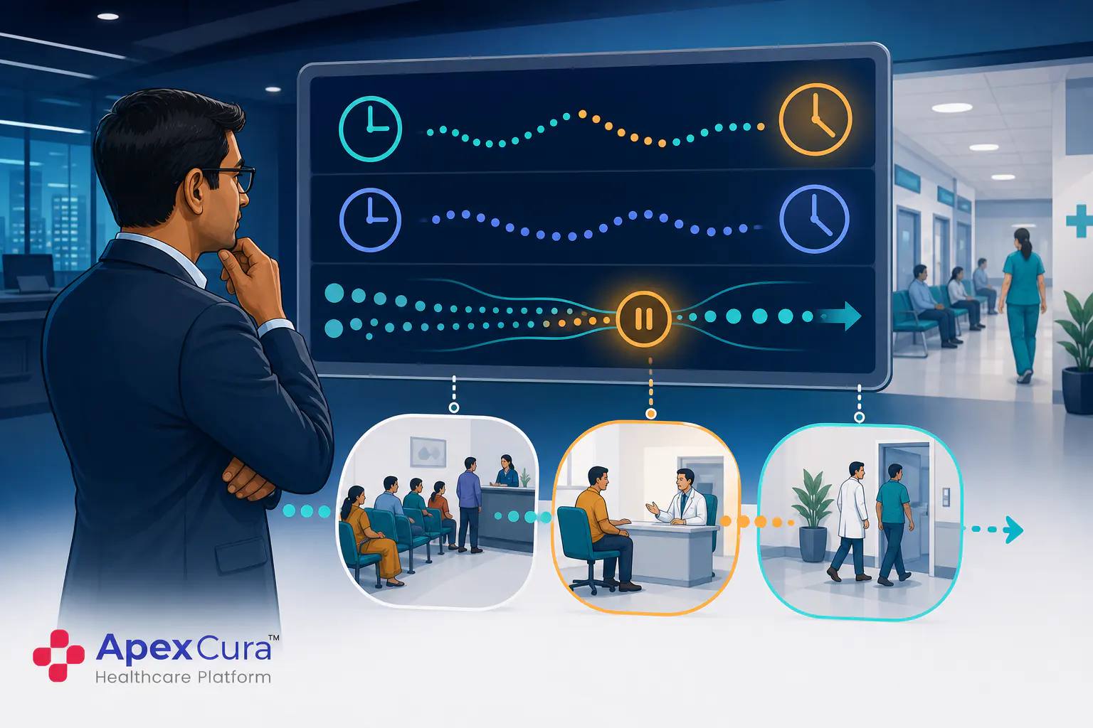 Hospital queue analytics showing waiting time, service time, patient flow and OPD bottleneck investigation
