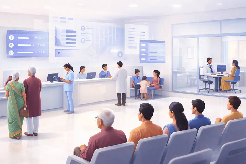 Modern Indian hospital OPD with organized patient flow and digital queue system