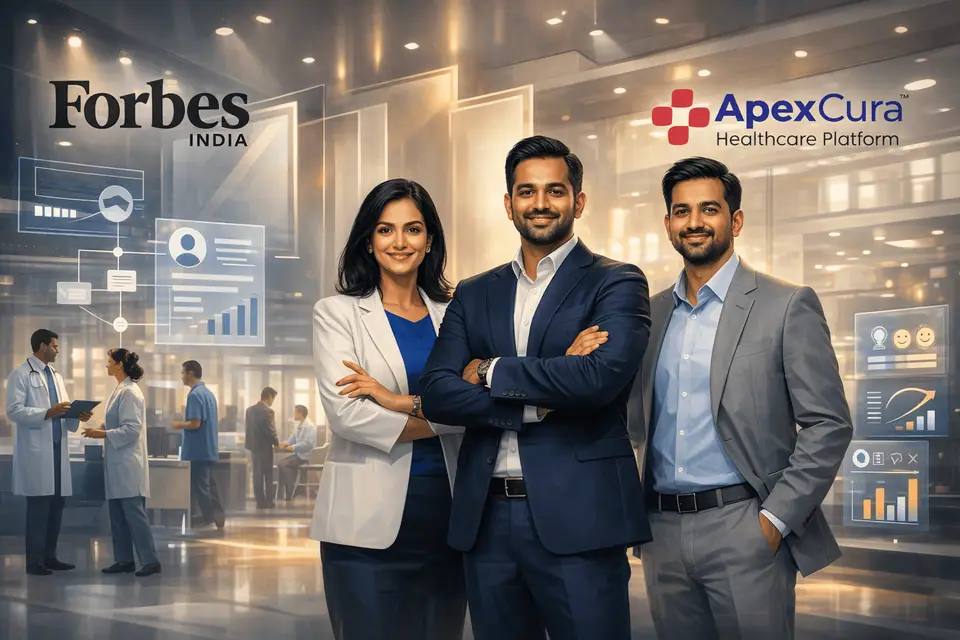 Apex Cura leadership team at a modern hospital, recognized by Forbes India as a top healthcare AI startup.